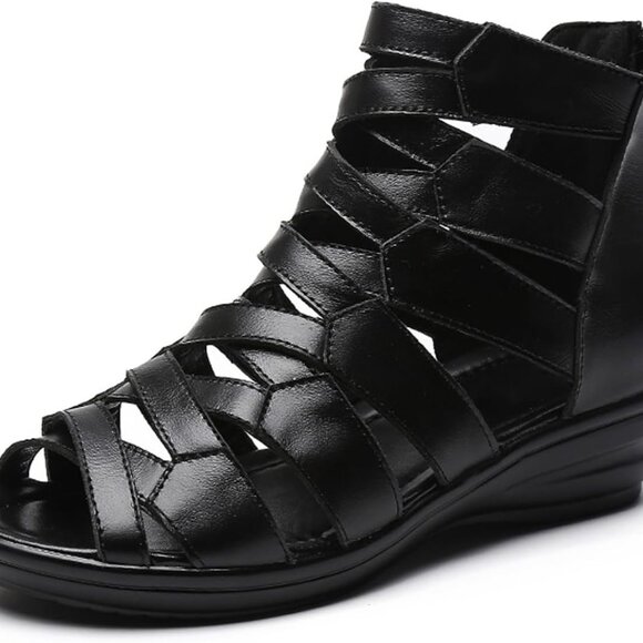 Women Leather Gladiator Sandals High Top Flat Wedges Summer Open Toe - Picture 1 of 6